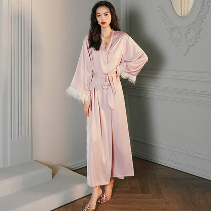 Satin Night Robe with Feather Trim and Belt: Luxurious Sleepwear Without Lingerie Set