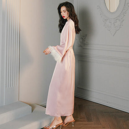 Satin Night Robe with Feather Trim and Belt: Luxurious Sleepwear Without Lingerie Set