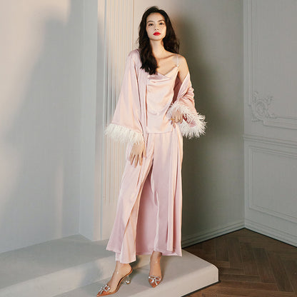 Satin Night Robe with Feather Trim and Belt: Luxurious Sleepwear Without Lingerie Set