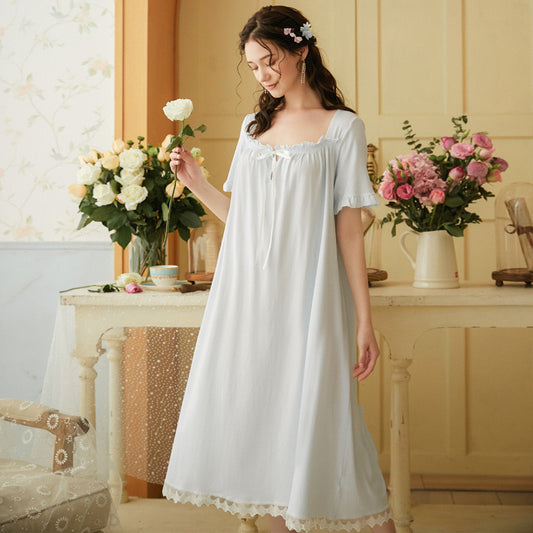 Elegant blue short sleeve night gown, Lace Deco dress, Cozy cotton Nightie, Vintage nightie