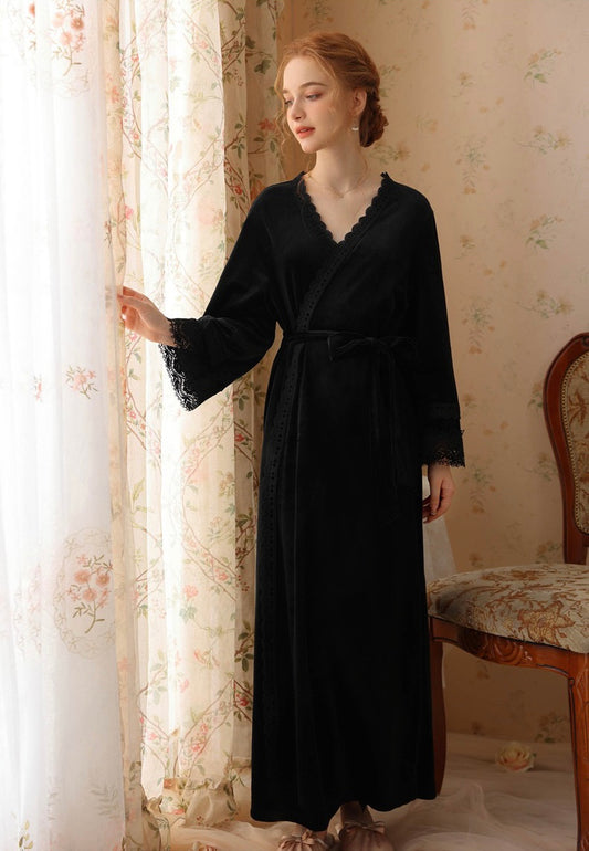Elegant Black Velvet Kimono Robe - Luxurious Nightgown Robe for Spa, Pool, Yoga, and Meditation