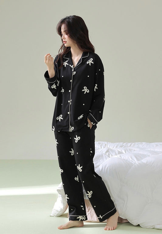 Charming Bow Tie Pajamas with Pockets - Classic Loungewear, 100% Cotton Sleepwear, Cozy Black Homewear