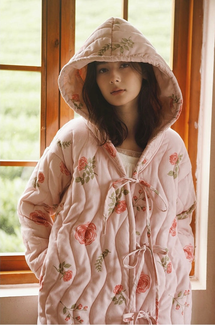 Flora vintage robe with hoodie, Pink Winter Bathrobe, Bridal Robe, Nightgown Robe, Soft and warm Robe for winter