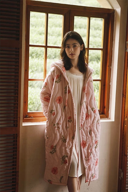 Flora vintage robe with hoodie, Pink Winter Bathrobe, Bridal Robe, Nightgown Robe, Soft and warm Robe for winter