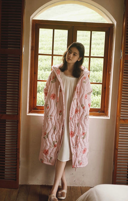 Flora vintage robe with hoodie, Pink Winter Bathrobe, Bridal Robe, Nightgown Robe, Soft and warm Robe for winter