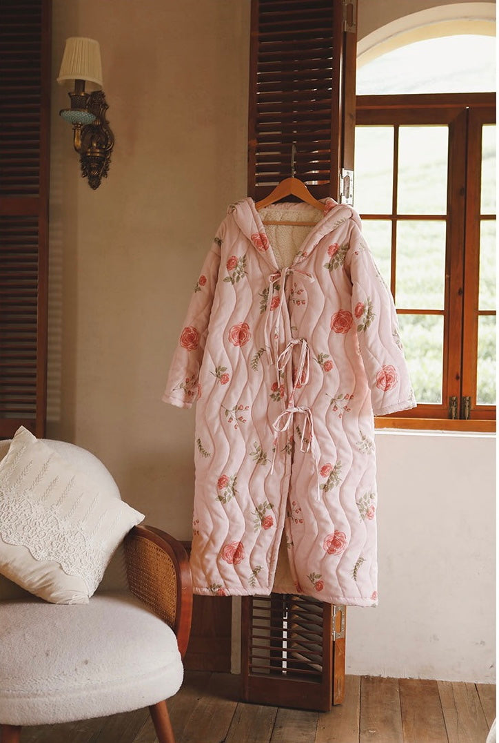 Flora vintage robe with hoodie, Pink Winter Bathrobe, Bridal Robe, Nightgown Robe, Soft and warm Robe for winter