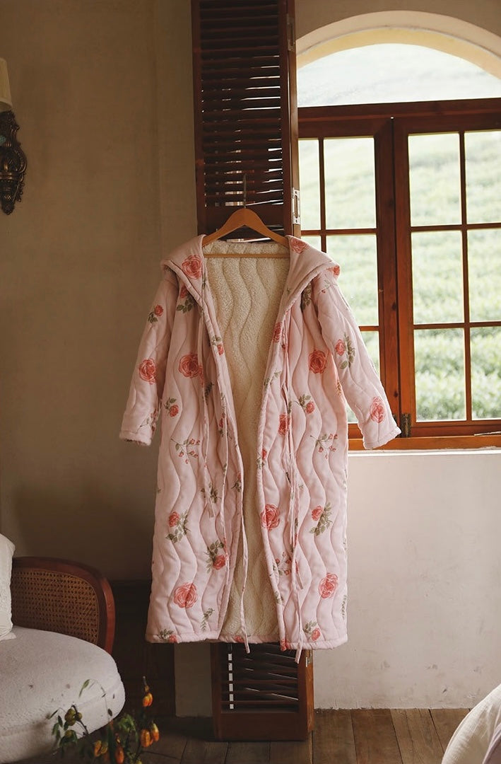 Flora vintage robe with hoodie, Pink Winter Bathrobe, Bridal Robe, Nightgown Robe, Soft and warm Robe for winter