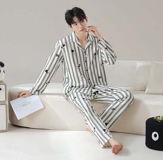 Silly Panda print Men Pajamas: Adorable Panda-Print Sleepwear, 100% Cotton Pyjamas, Striped Loungewear for him