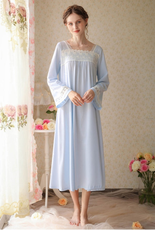 Elegant Blue Fairy Nightgown, trumpet sleeve dress, Vintage dress, Bridal nightgown, Maternity dress for photo shoot