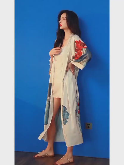 Beige Kimono: Long Robe for Summer Getaways, Unisex Style, Ideal for Honeymoon, Beach Cover-Up, Stylish Holiday Look